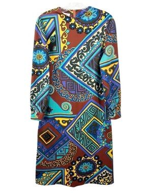 Vintage Dalton Brown Blue Geometric Print 70s Poly Knit Long Sleeve Midi Dress M